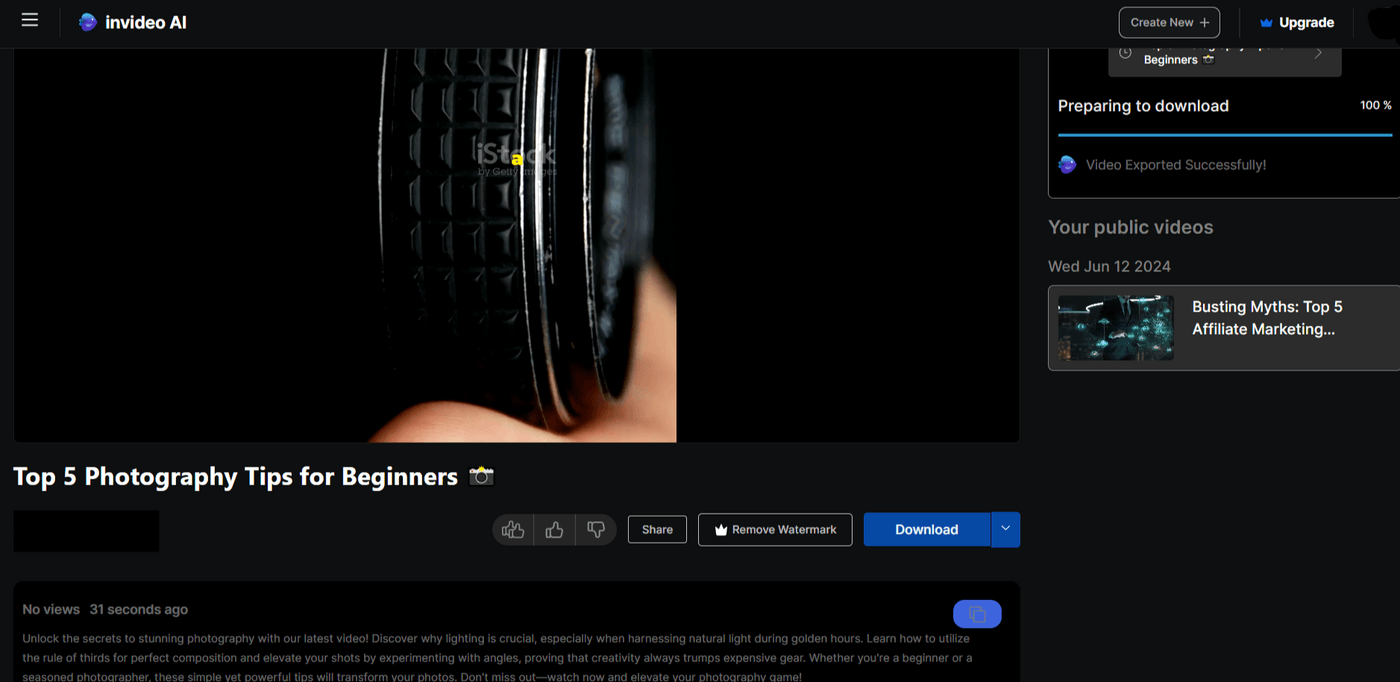 Video export page showing completed download of 'Top 5 Photography Tips for Beginners' tutorial.