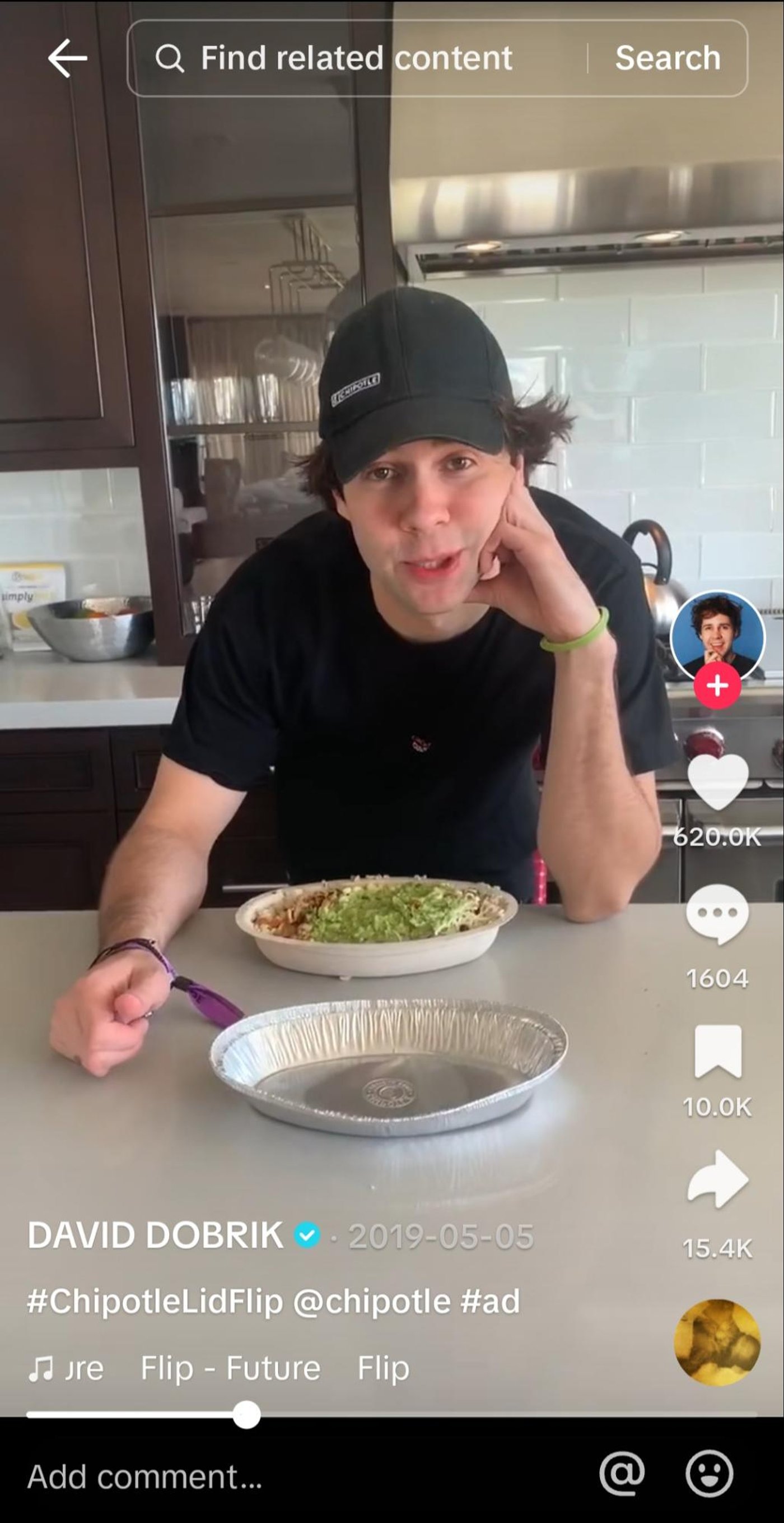 TikTok video of David Dobrik doing the #ChipotleLidFlip challenge with a Chipotle bowl.