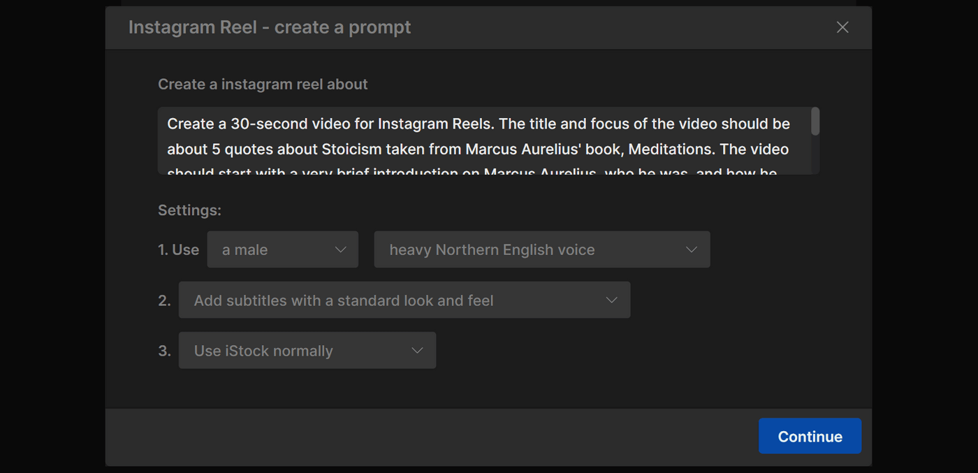 Settings panel for creating an Instagram Reel with options for voice type, subtitles, and stock usage.