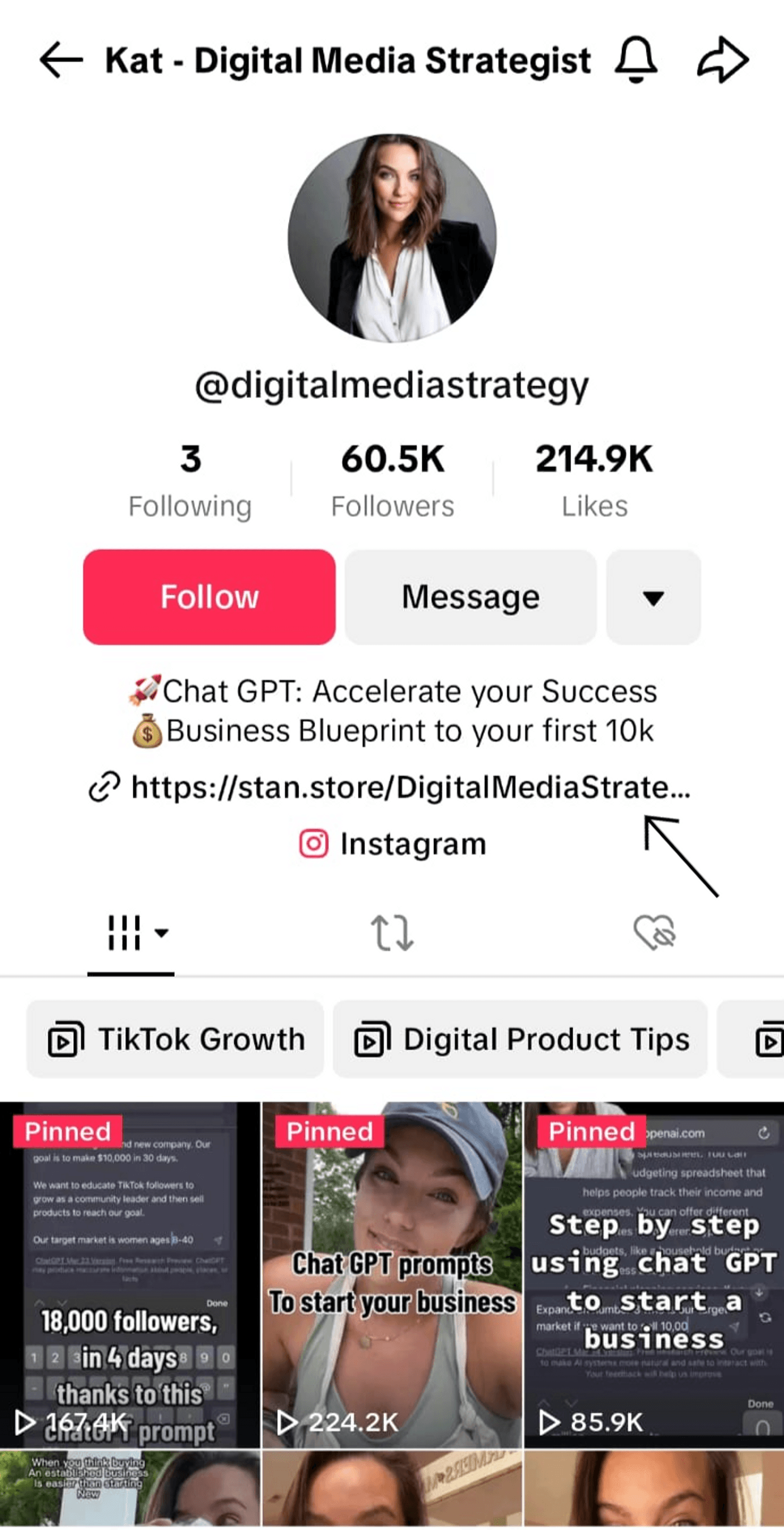 TikTok profile of Kat, a digital media strategist, sharing tips on growth and business strategies.