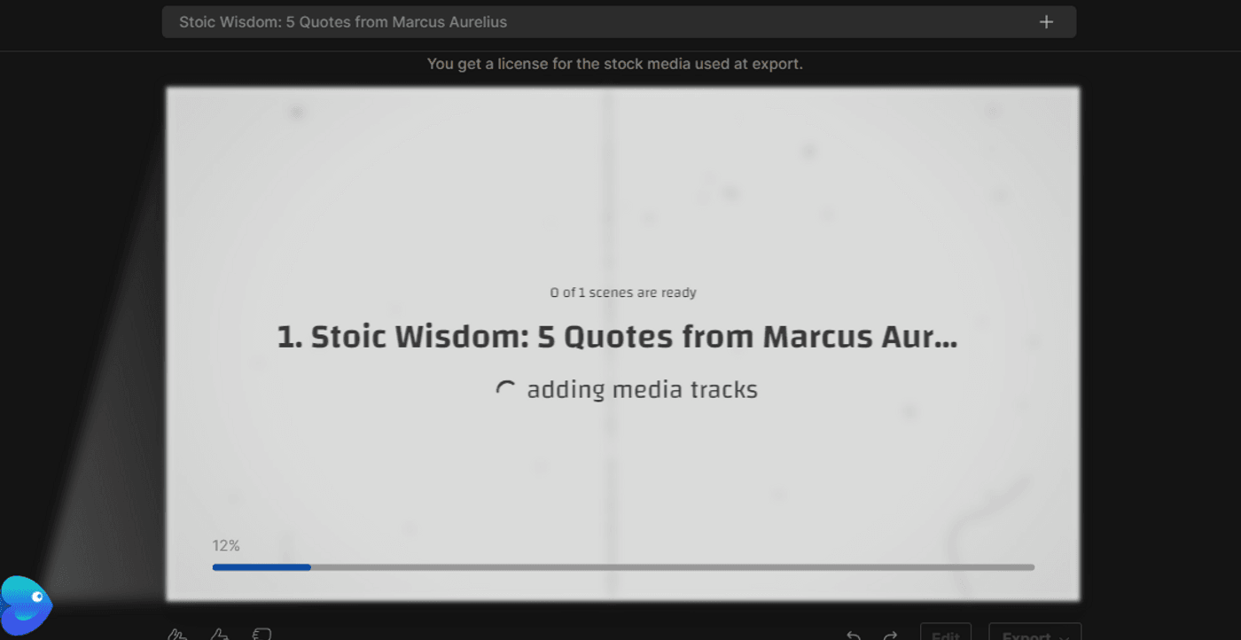 Progress screen preparing a video titled "Stoic Wisdom: 5 Quotes from Marcus Aurelius," loading media.