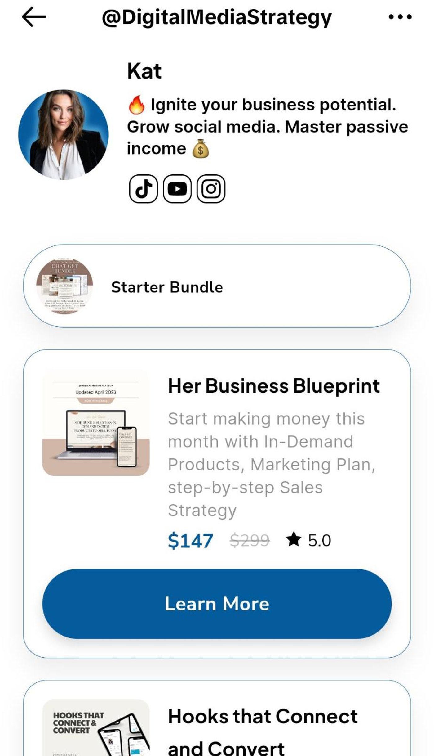 Profile of Kat promoting social media growth and business guides like 'Her Business Blueprint.