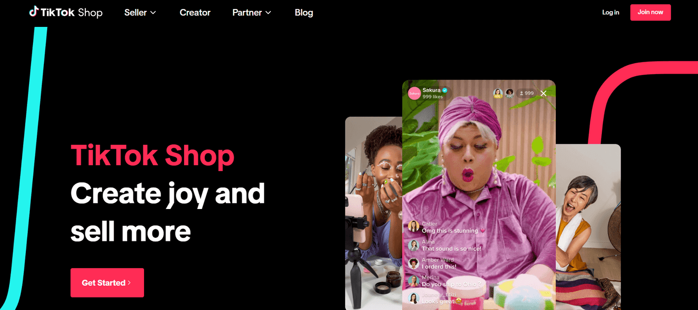 TikTok Shop homepage promoting joyful shopping experiences with interactive videos and customer engagement.