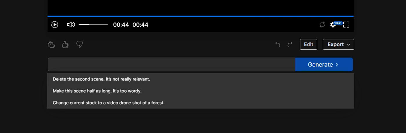 Video editor showing playback controls and instructions for scene edits and footage changes.