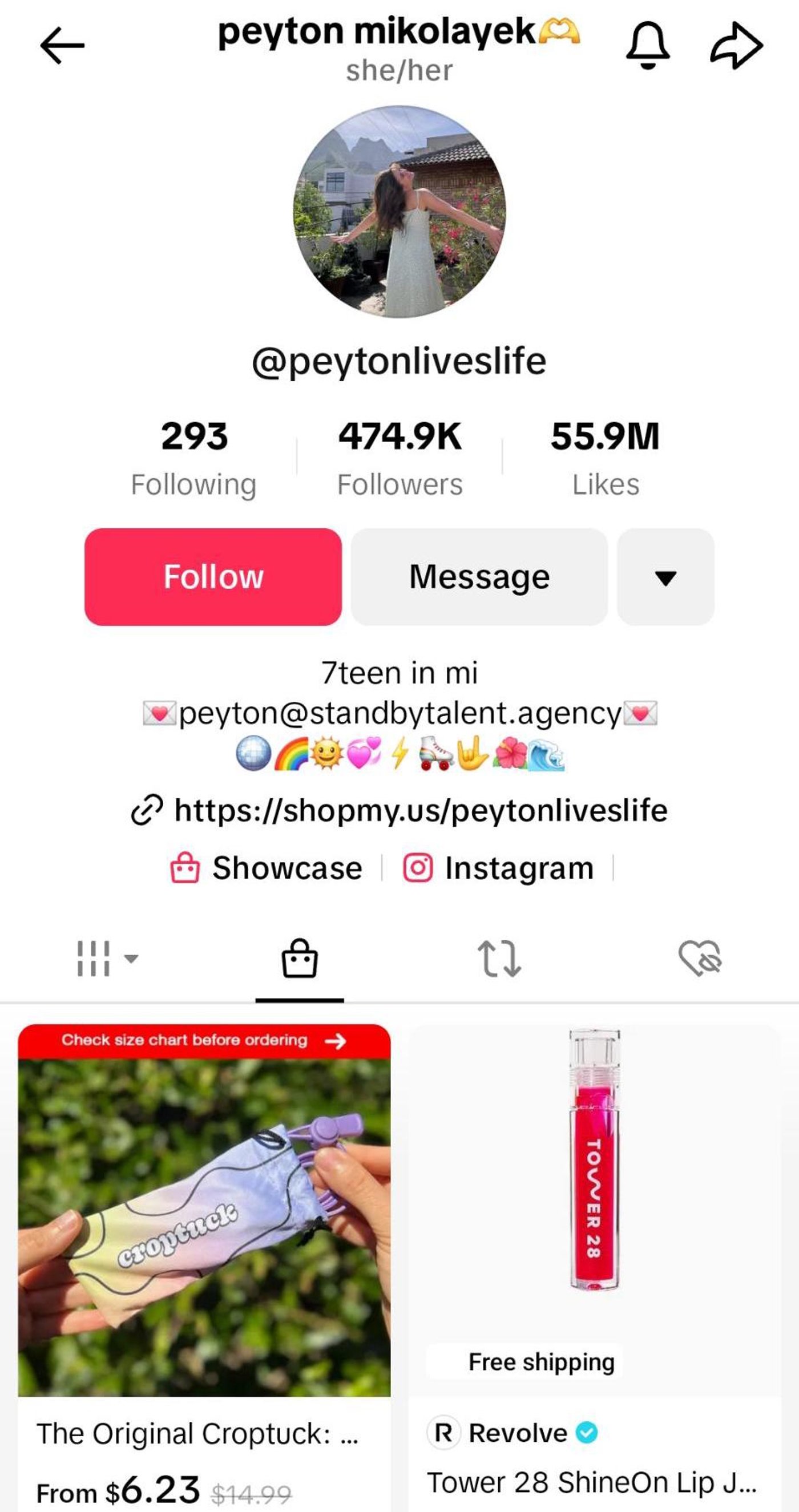 @peytonliveslife TikTok profile showing 474.9K followers, personal bio, and featured product links.