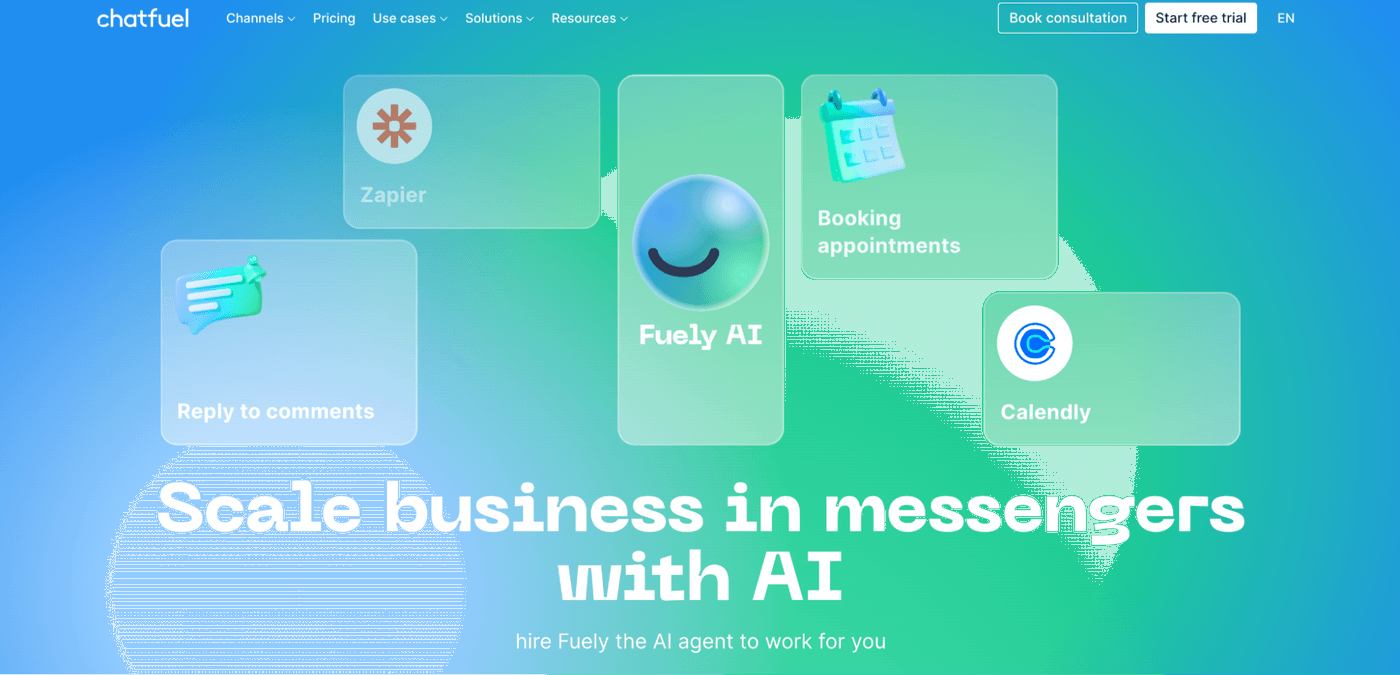Chatfuel homepage promoting AI tools for scaling messenger business.