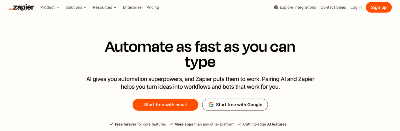Zapier homepage promoting AI automation for workflows and bots.