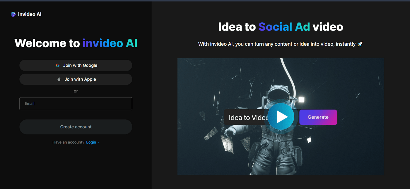 Welcome screen on Invideo AI for creating social ad videos, featuring signup options.