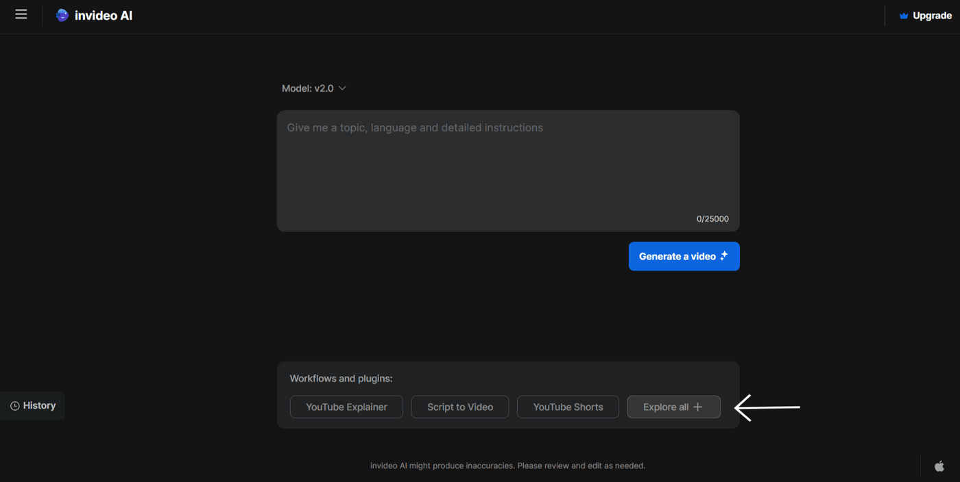 Invideo AI dashboard, with an arrow pointing to the 'Explore all' button to access more workflows and plugin options.