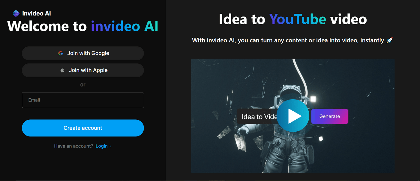 Invideo AI welcome page with sign-up options and Idea to YouTube video.