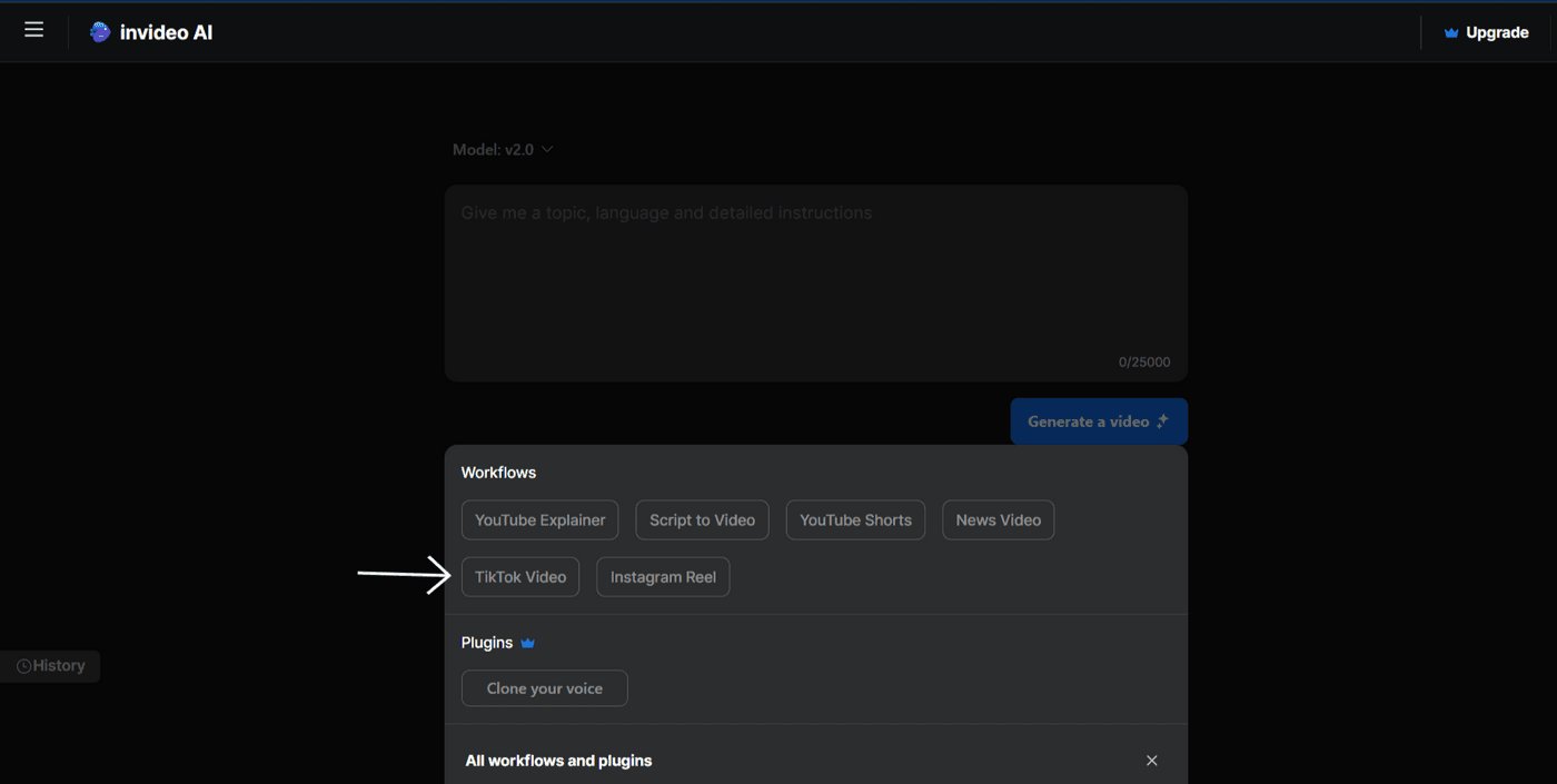 The image shows the Invideo AI dashboard with an arrow pointing to the 'TikTok Video' workflow option.