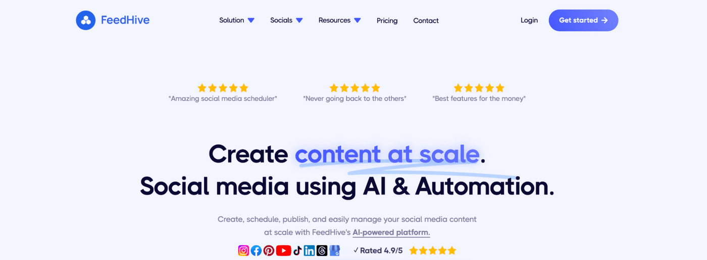 FeedHive homepage promoting AI-powered social media content automation.