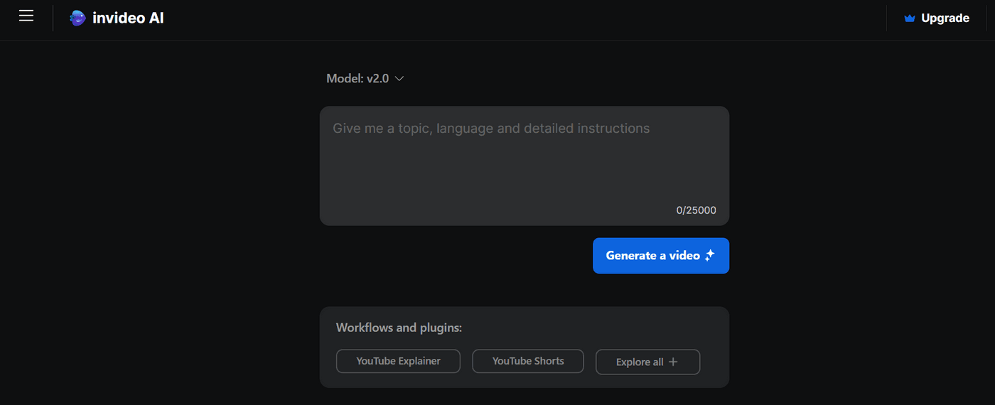 Invideo AI interface with a topic input box, video generation, YouTube Explainer, Script to Video and plugins.