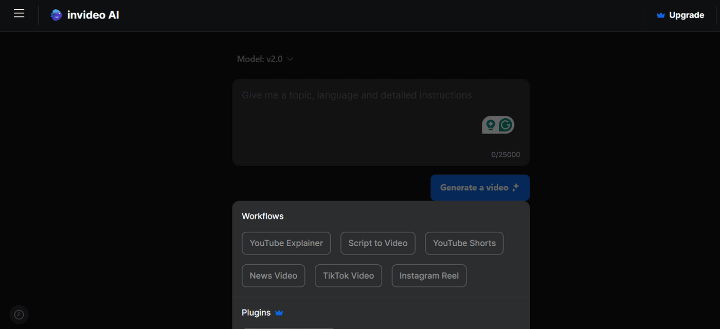 Invideo AI Interface for creating YouTube Shorts using AI settings for voice, subtitles, and media.