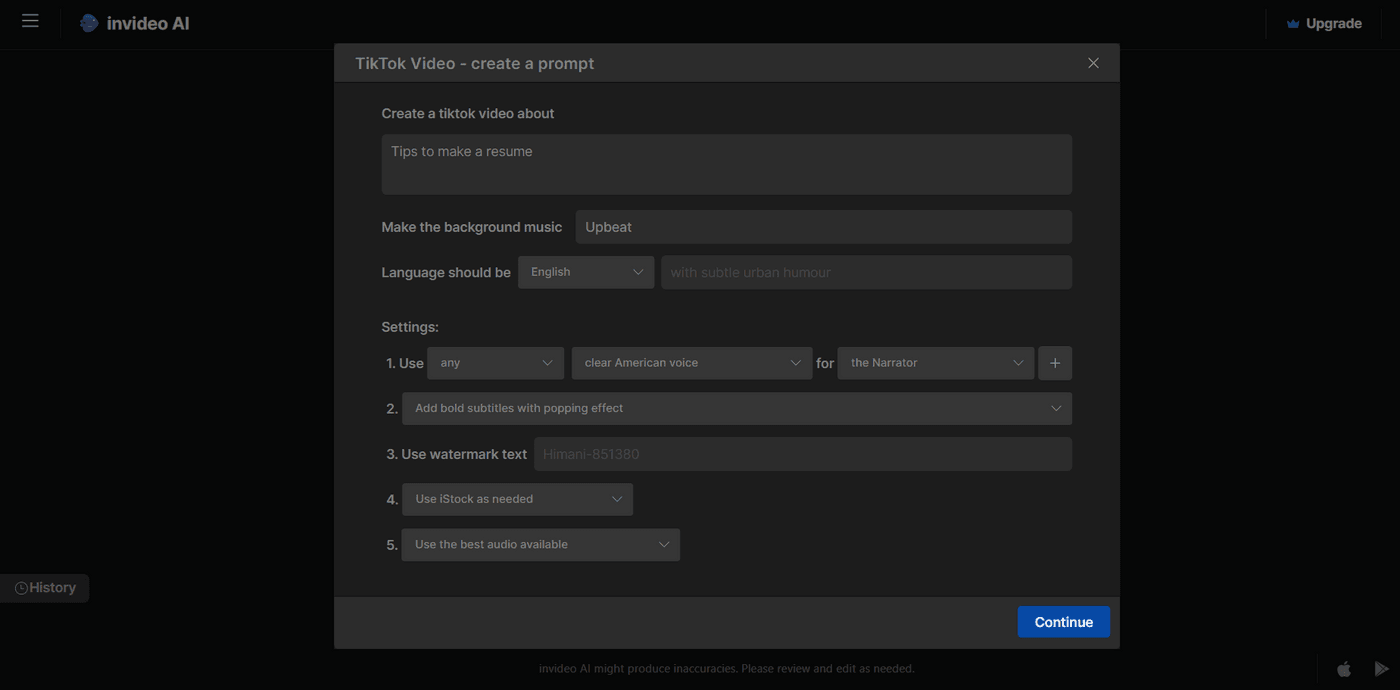 Invideo AI prompt setup screen for creating TikTok video about resume tips, with settings.