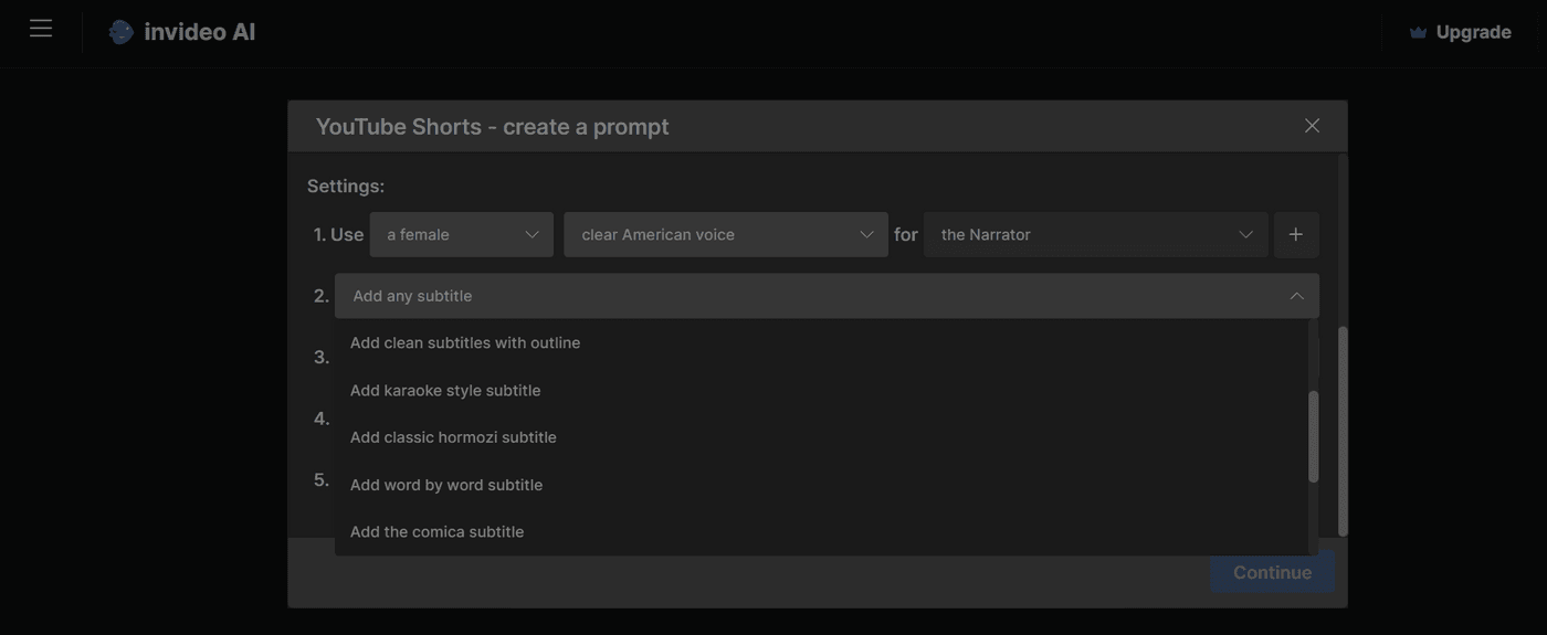 Invideo AI tool interface for creating YouTube Explainer videos with voice, subtitles, and music.