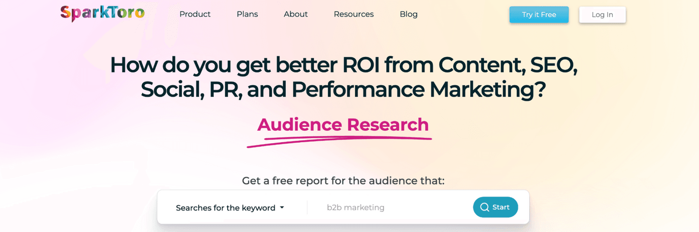 SparkToro homepage promoting audience research for better marketing ROI.