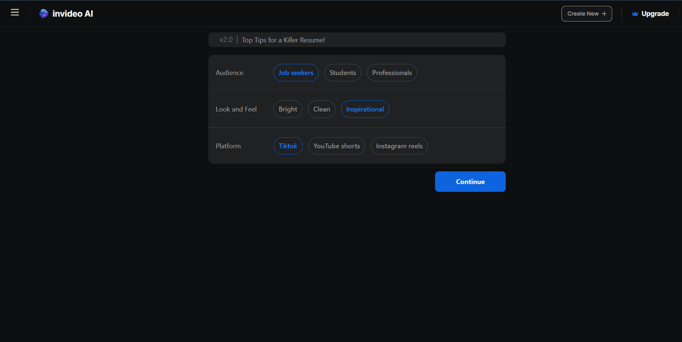 Invideo AI dashboard screen for targeting job seekers, with inspirational look for TikTok videos.