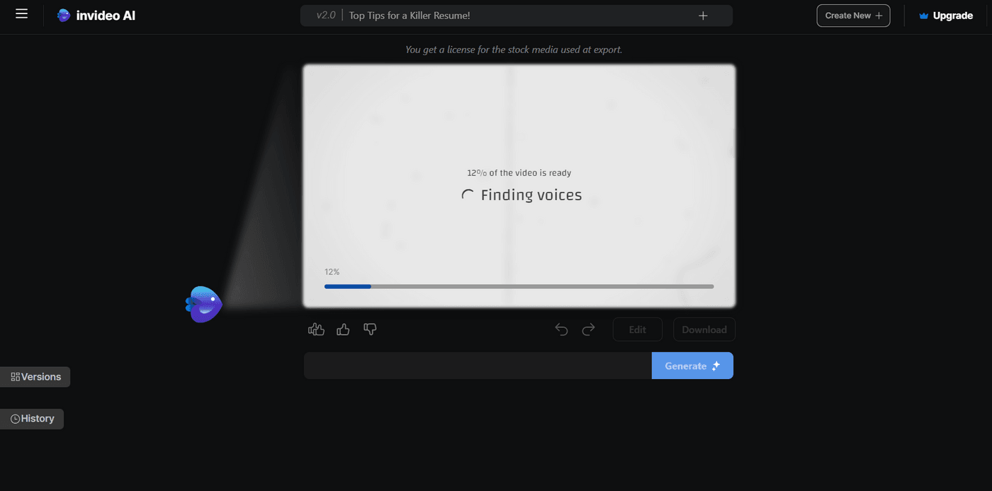 Invideo AI dashboard screen showing 12% video progress with message 'Finding voices' for narration.