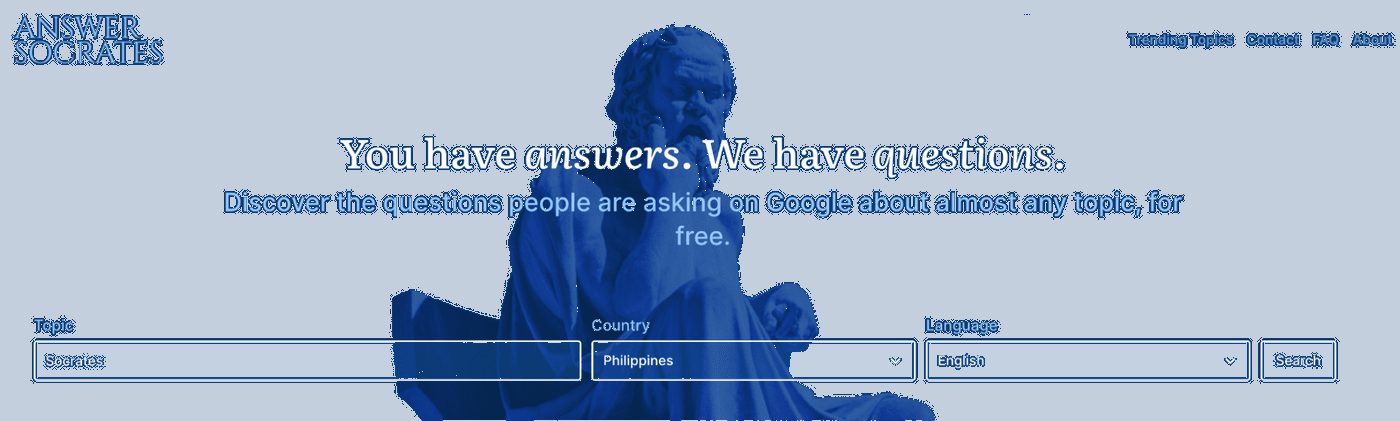 Answer Socrates homepage for finding popular Google questions by topic.