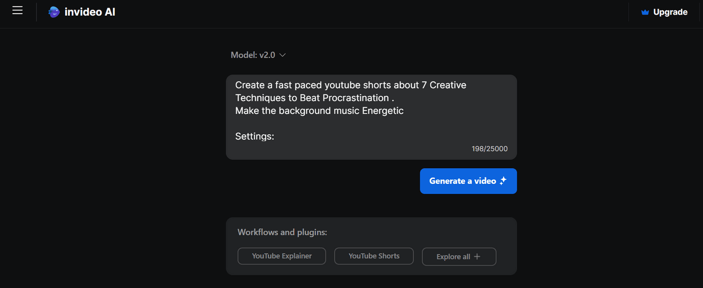 Invideo AI tool settings for creating video content aimed at creatives with a bright, inspirational, and energetic tone.