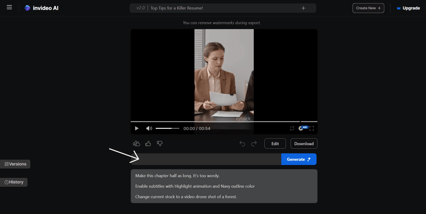 Invideo AI dashboard screen with arrow pointing to editing options panel for subtitle and stock adjustments.