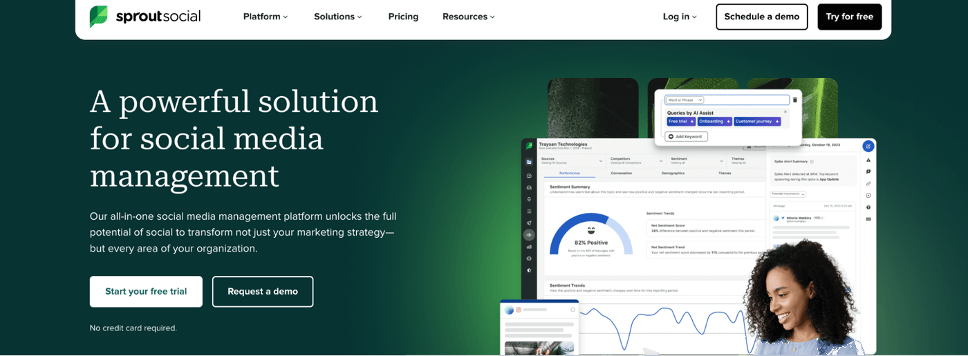 Sprout Social homepage promoting social media management platform features.
