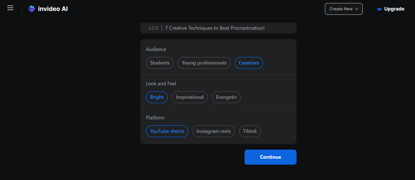 Invideo AI tool generating video titled '7 Creative Techniques to Beat Procrastination,' at 52% completion.