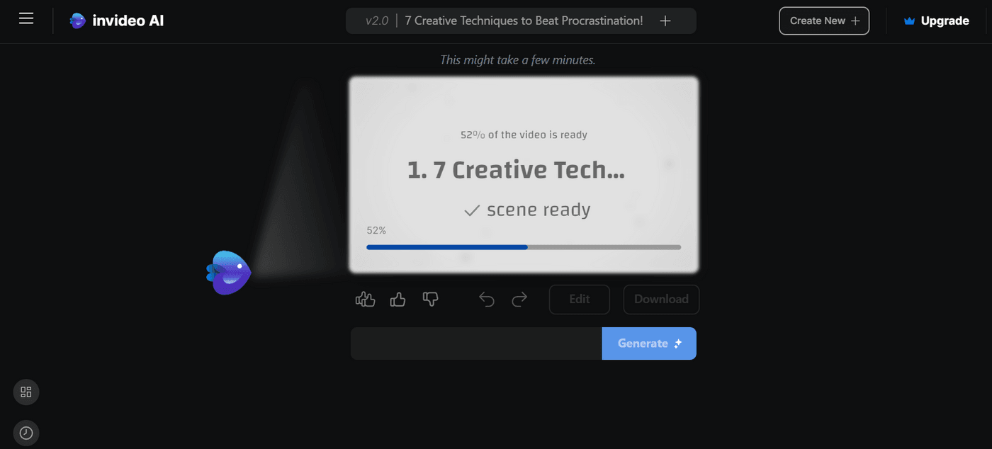 Invideo AI tool previews a video titled '7 Creative Techniques to Beat Procrastination,' showing 'Prioritize