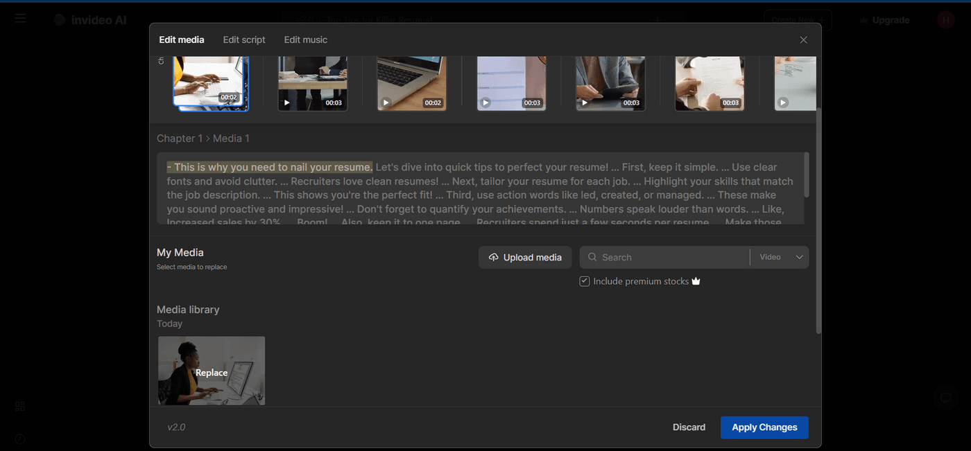 Invideo AI dashboard edit screen showing media clips and script editing options with ‘Apply Changes’ button.
