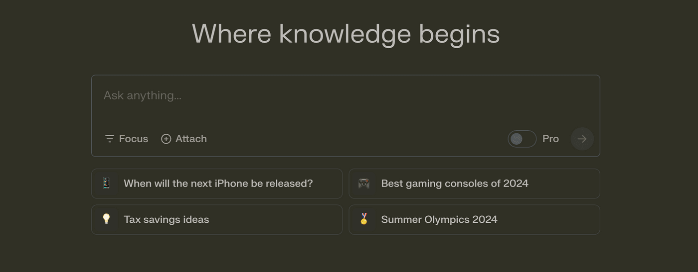 Perplexity AI search interface with prompts for iPhone release, gaming, Olympics.