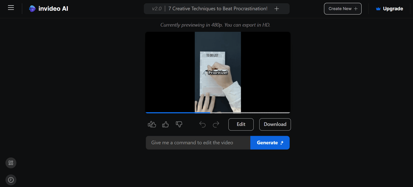 Invideo AI video preview displays Tip 4 Prioritize with word-by-word subtitle animation enabled.