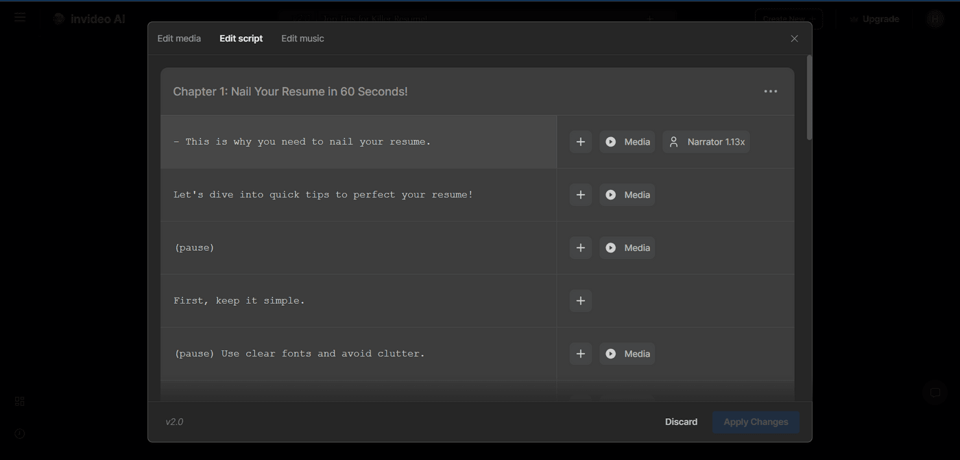 Invideo AI music editor with arrow pointing to 'Replace' button for changing background music.