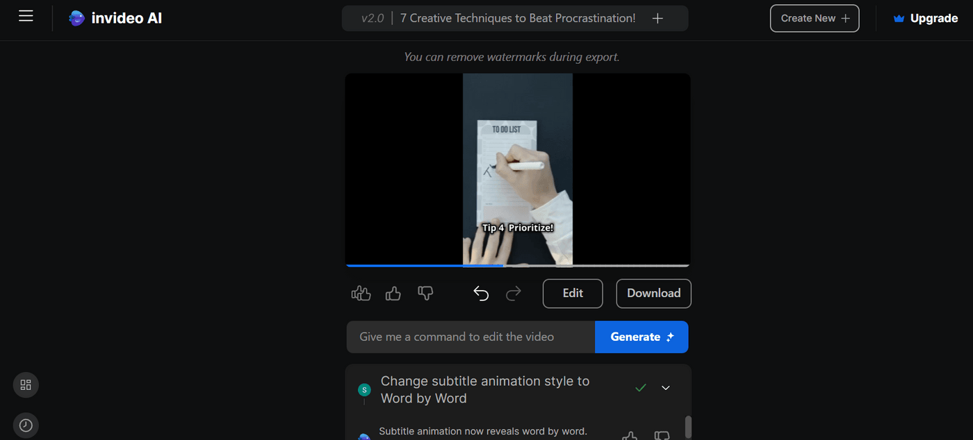 Invideo AI script editor displays Chapter 1 with text Are you feeling stuck and 7 techniques.