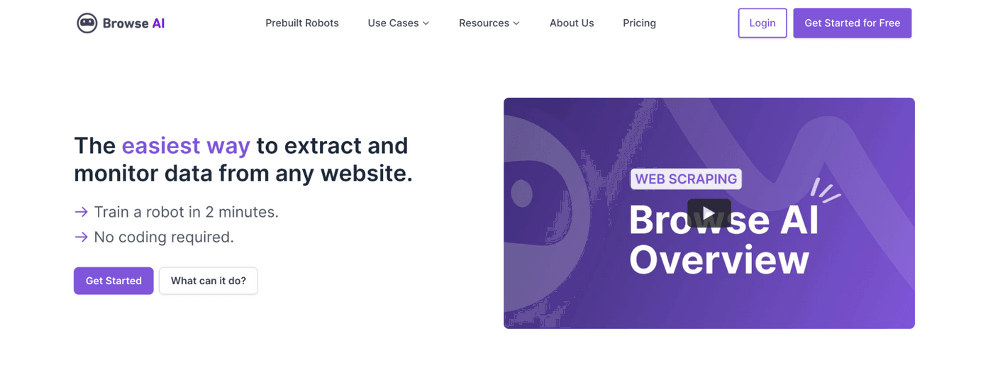 Browse AI homepage for extracting and monitoring website data easily.