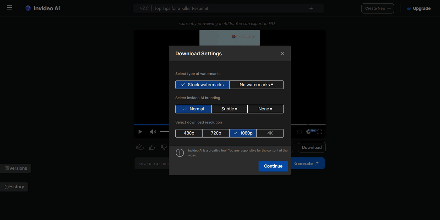Invideo AI download settings screen displaying options to select watermark type, branding, and video resolution.