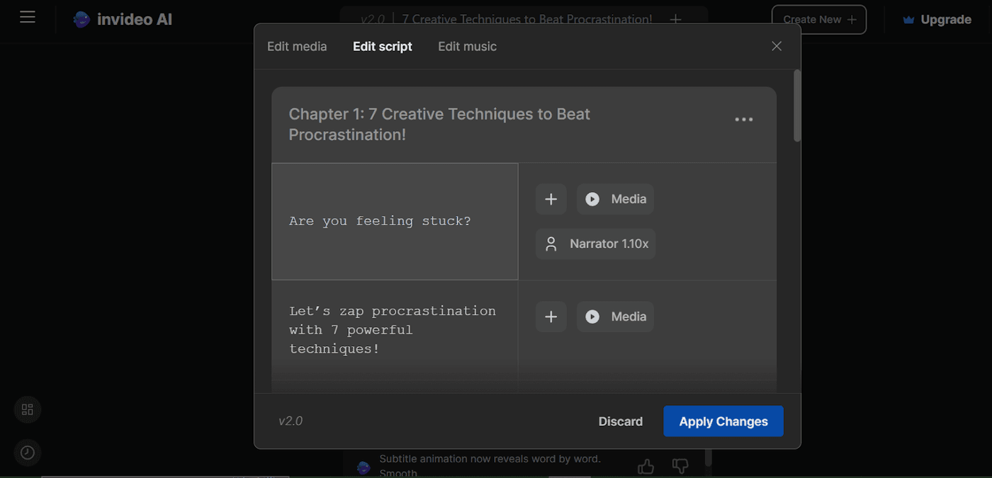 Editing media screen on Invideo AI, showing clips and a script about beating procrastination.