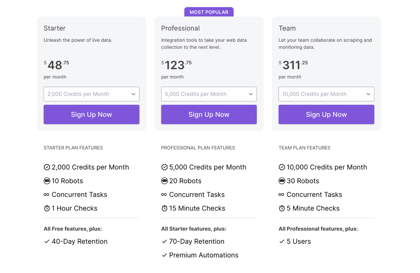 Browse AI pricing plans: Starter $48.75, Professional $123.75, Team $311.25.