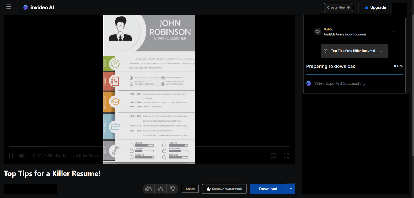 Invideo AI screen shows 'Top Tips for a Killer Resume' by John Robinson, 100% ready.