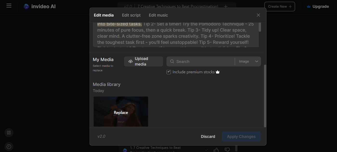 Invideo AI editing panel showing media replacement options with premium stock images and videos.