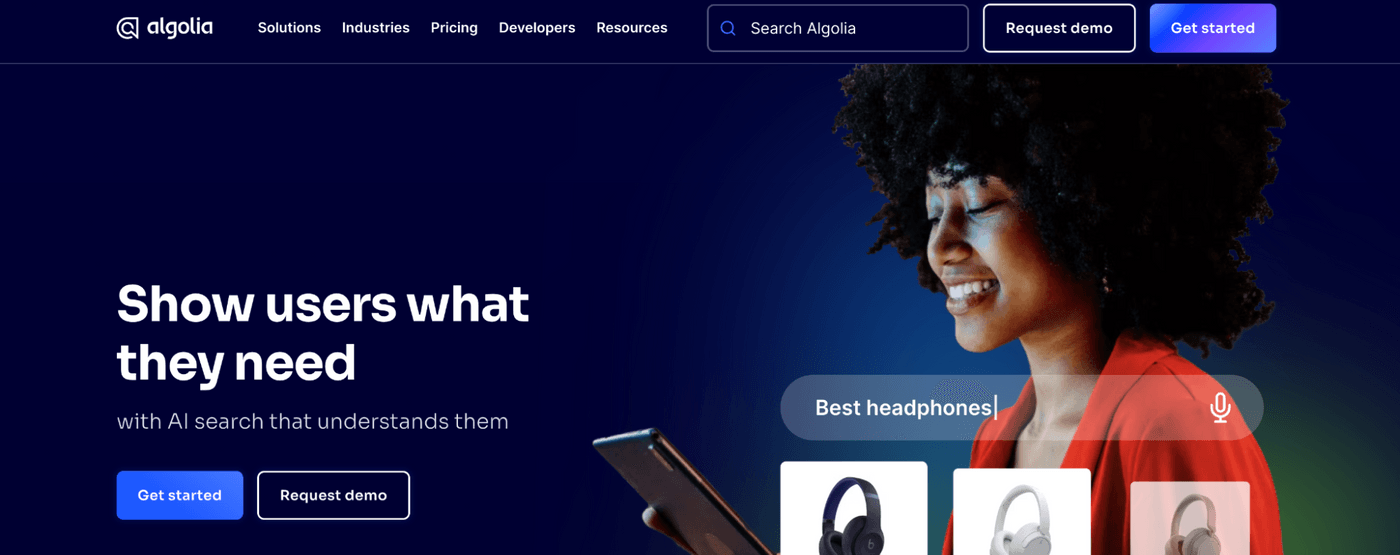 Algolia homepage promoting AI-powered search solutions for user needs.