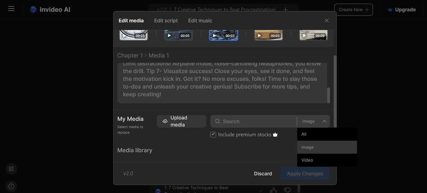 Invideo AI editor showing options to replace media with premium stock images or videos selected.