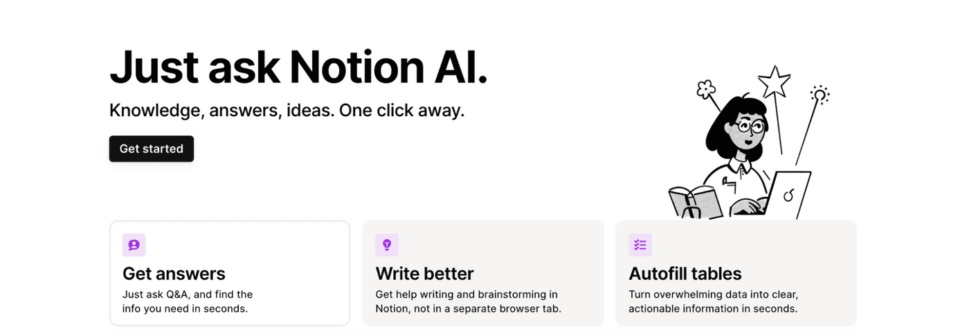 Notion AI homepage promoting Q&A, writing, and autofill table features.