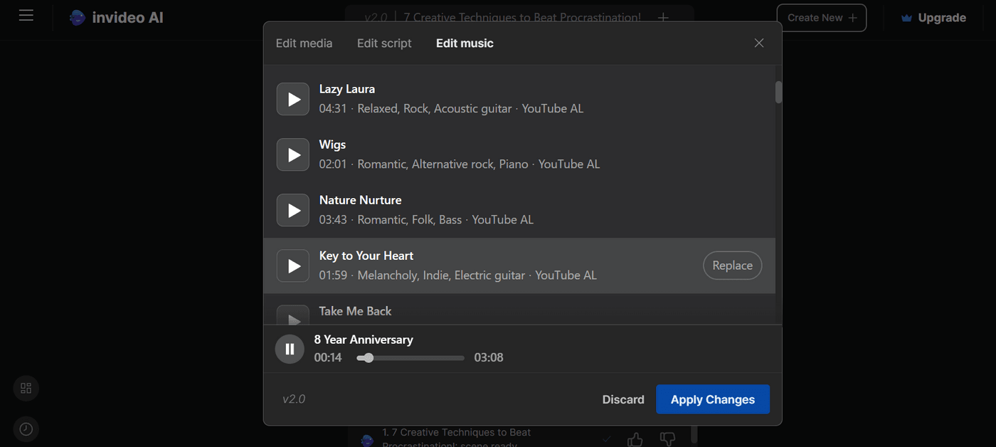 Invideo AI music selection panel showing various background tracks with options to replace music.