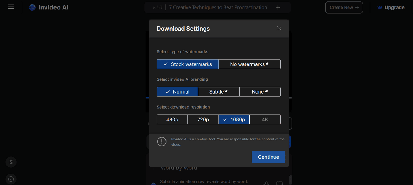 Invideo AI download settings panel showing options for watermarks, branding, and video resolution.