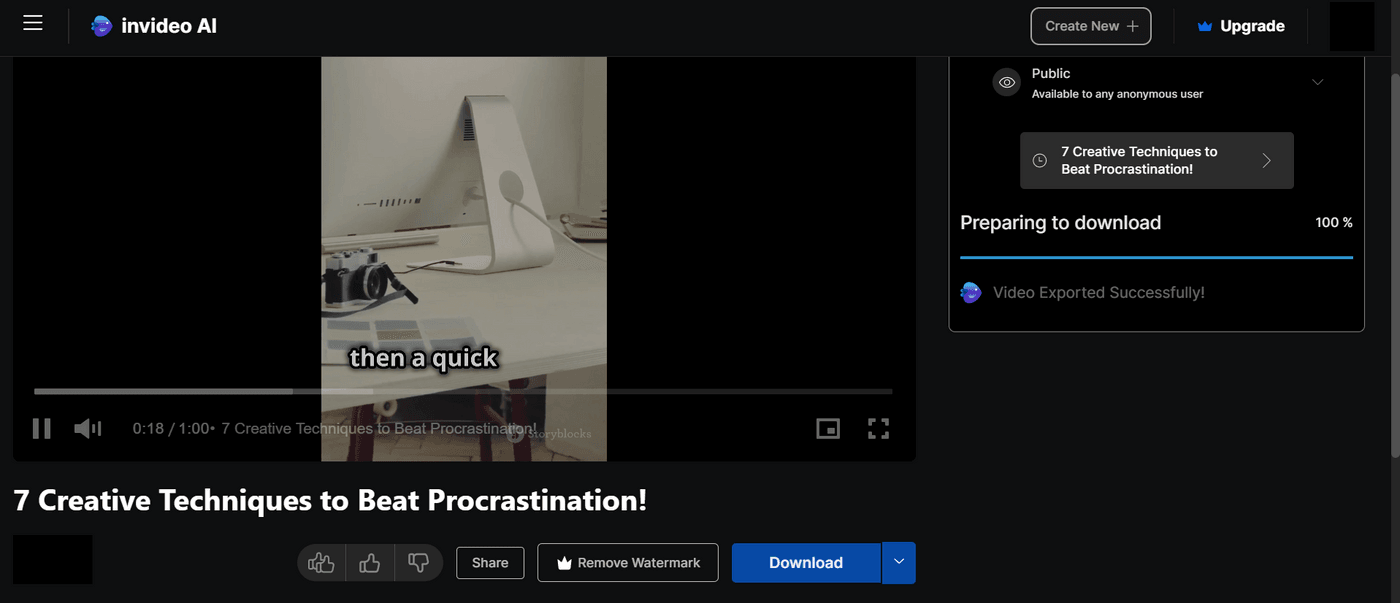Invideo AI export screen showing video titled '7 Creative Techniques to Beat Procrastination' ready for download.
