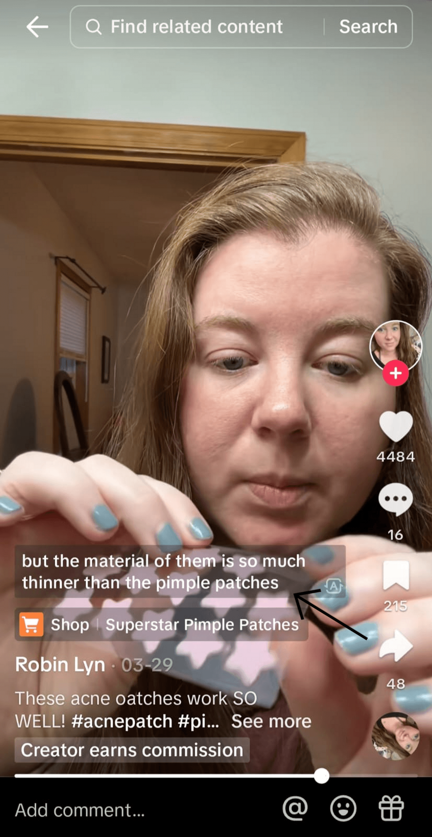 The woman is reviewing acne pimple patches, showing product details and a commission notice on the shorts.
