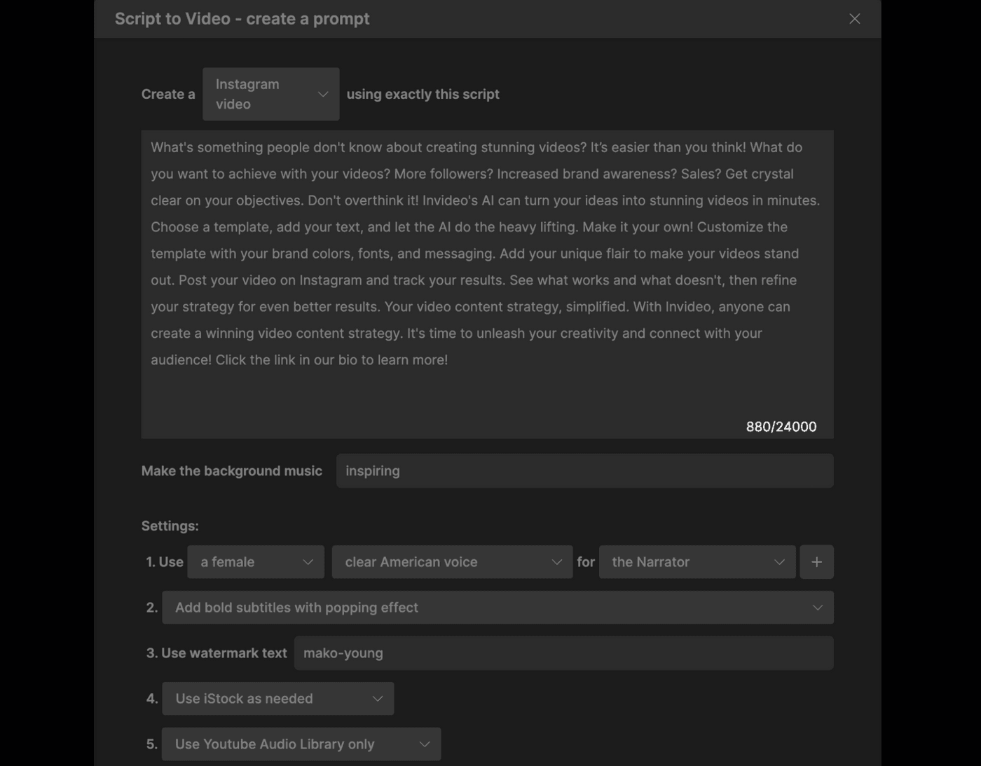 Script to video tool interface with Instagram video settings and options.