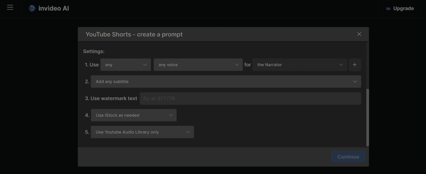 Invideo AI interface for creating YouTube Shorts, selecting female voice and subtitle options.