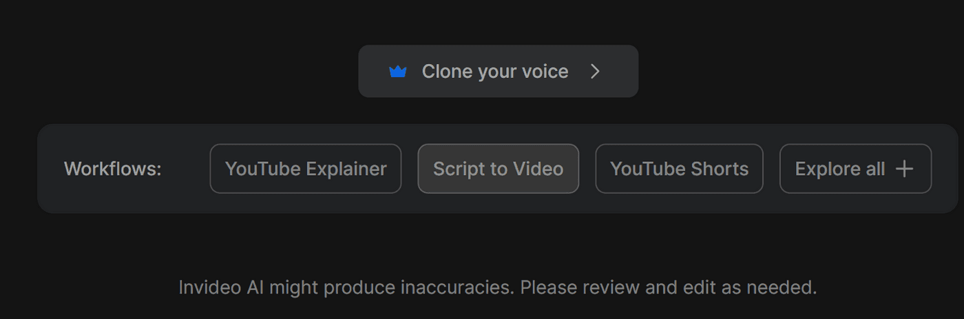 Clone your voice and video workflows menu on Invideo AI.